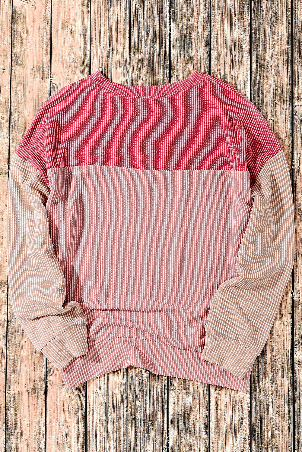 Pink Color Block Long Sleeve Ribbed Loose Top