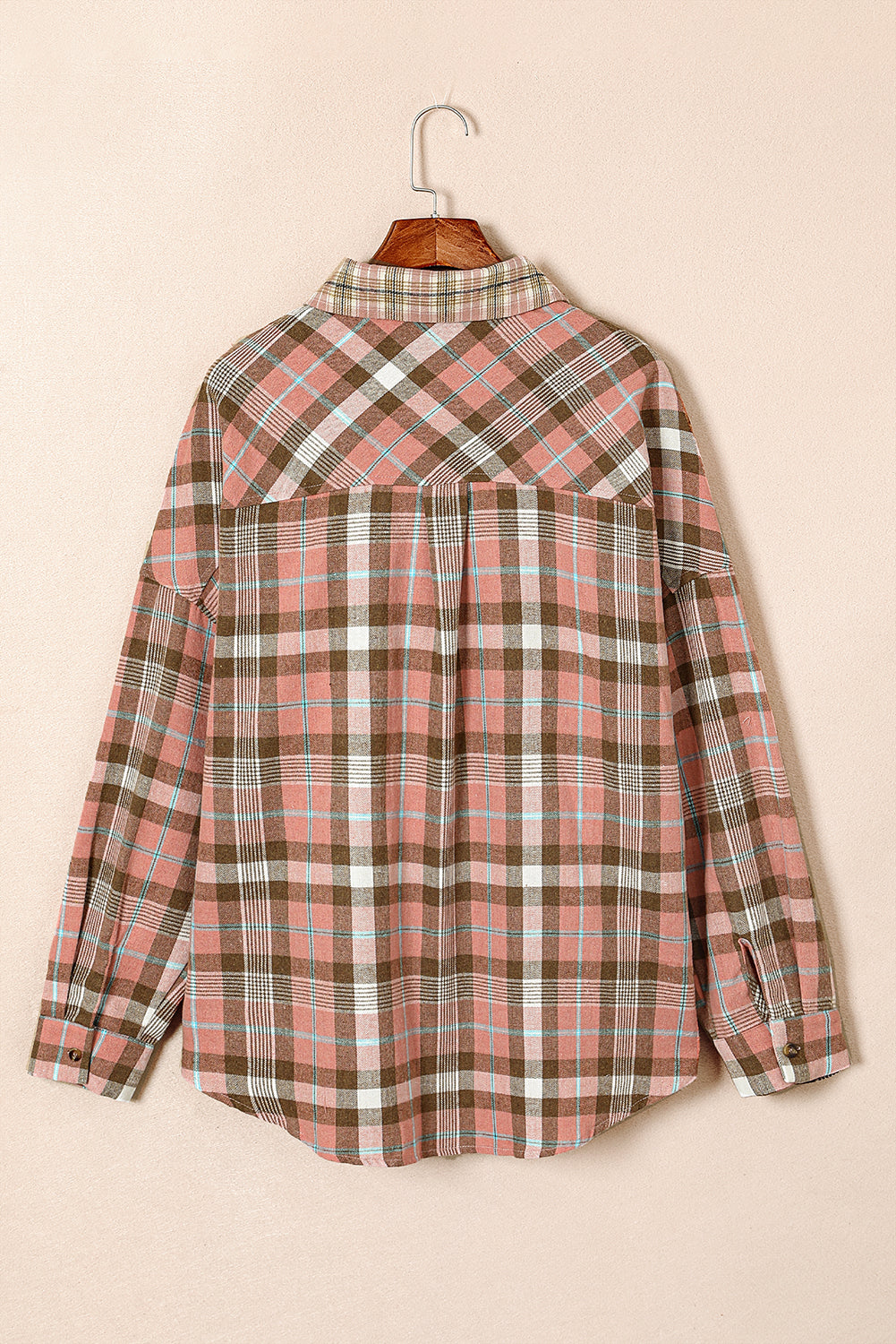 Pink Plus Size Color Block Plaid Long Sleeve Shirt with Pocket