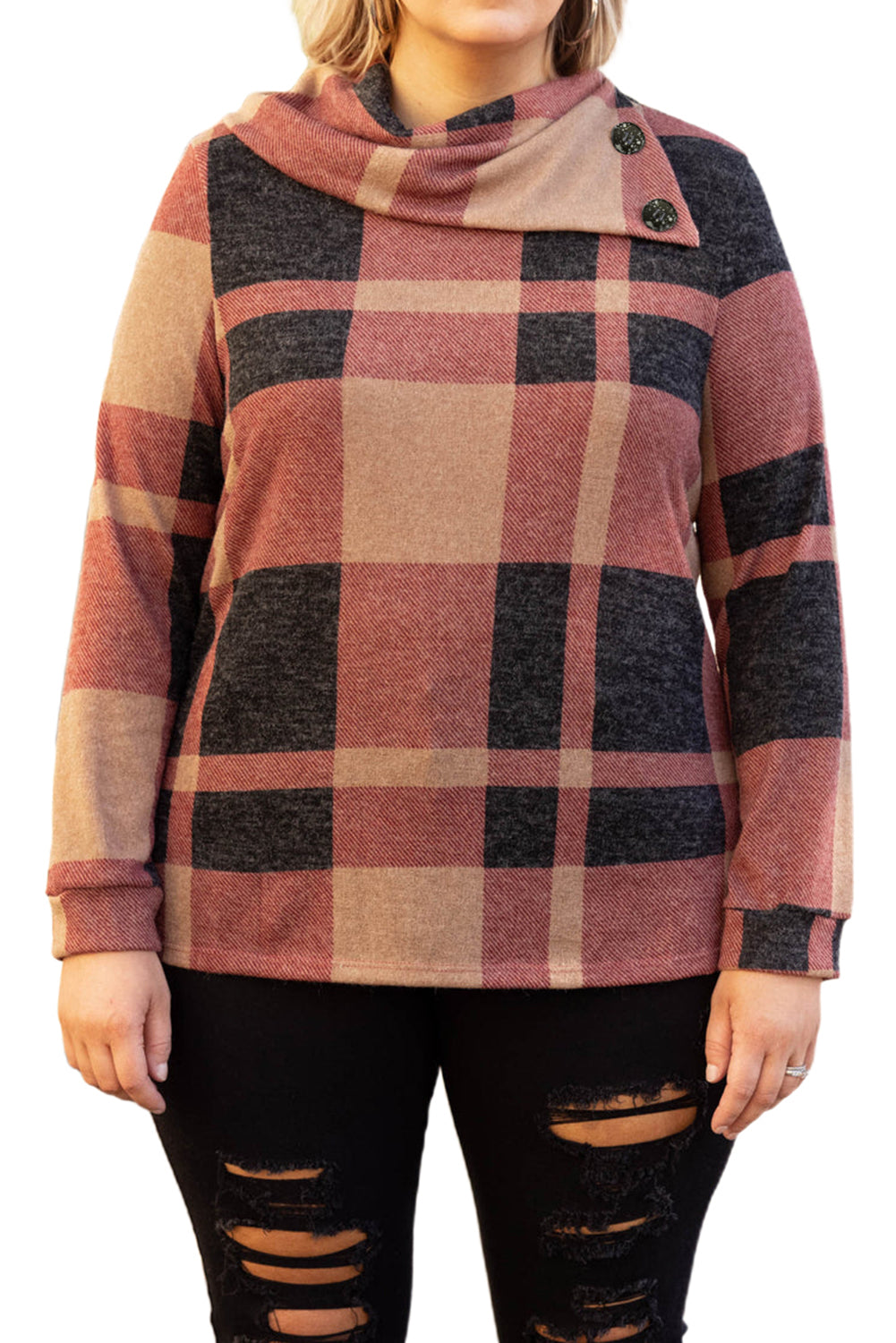 Mineral Red Plus Size Plaid Print Button Decor Asymmetric Neck Top