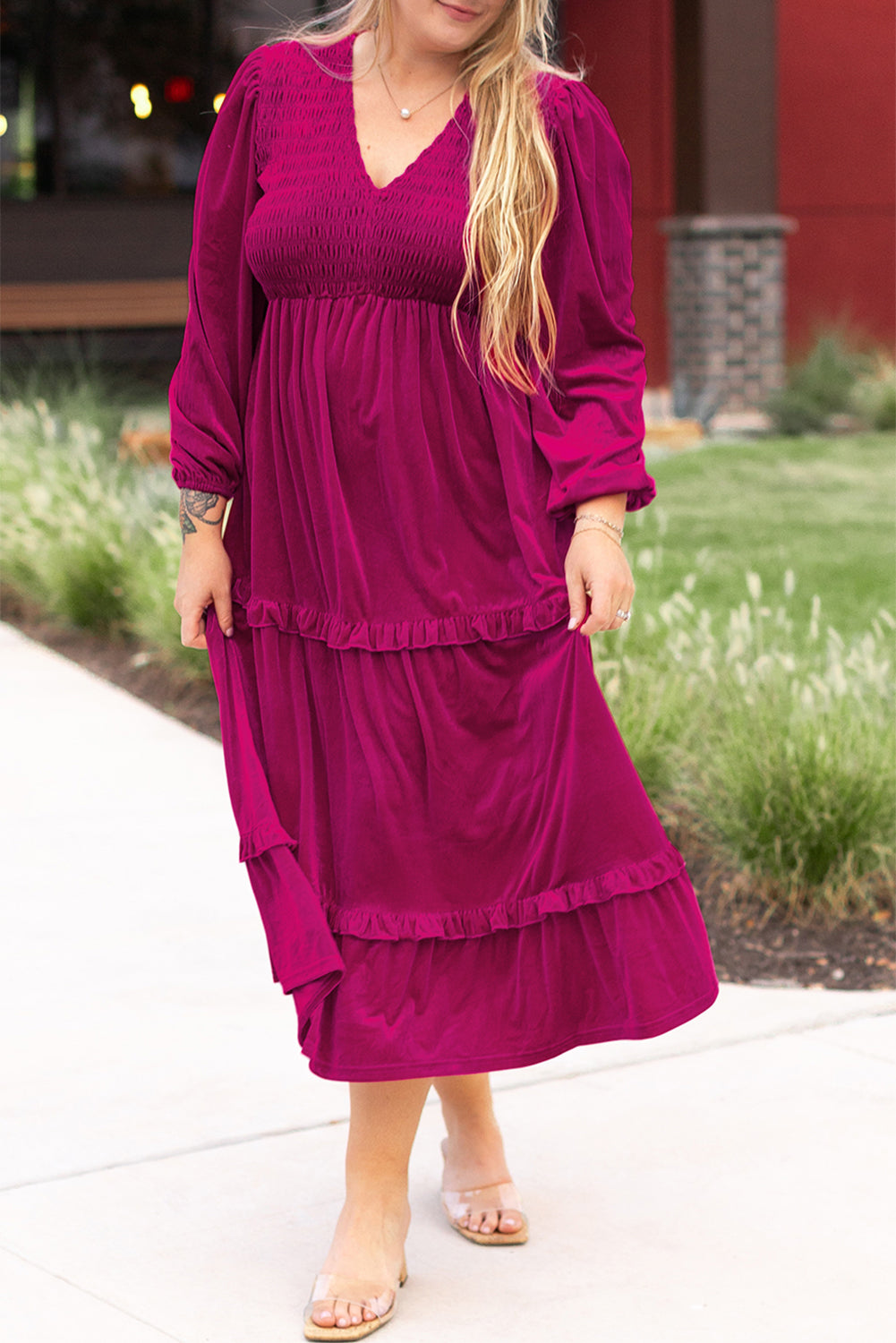 Rose Red Shirred V Neck Tiered Ruffled Velvet Plus Size Maxi Dress