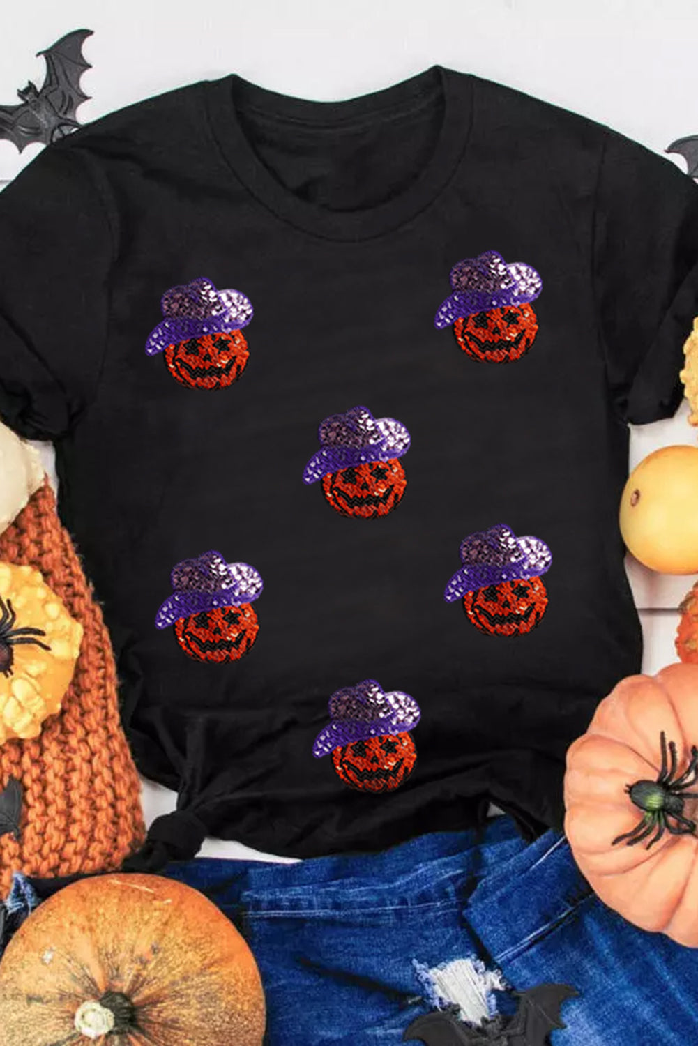 Black Sequin Hat Pumpkin Graphic Crewneck Halloween T Shirt