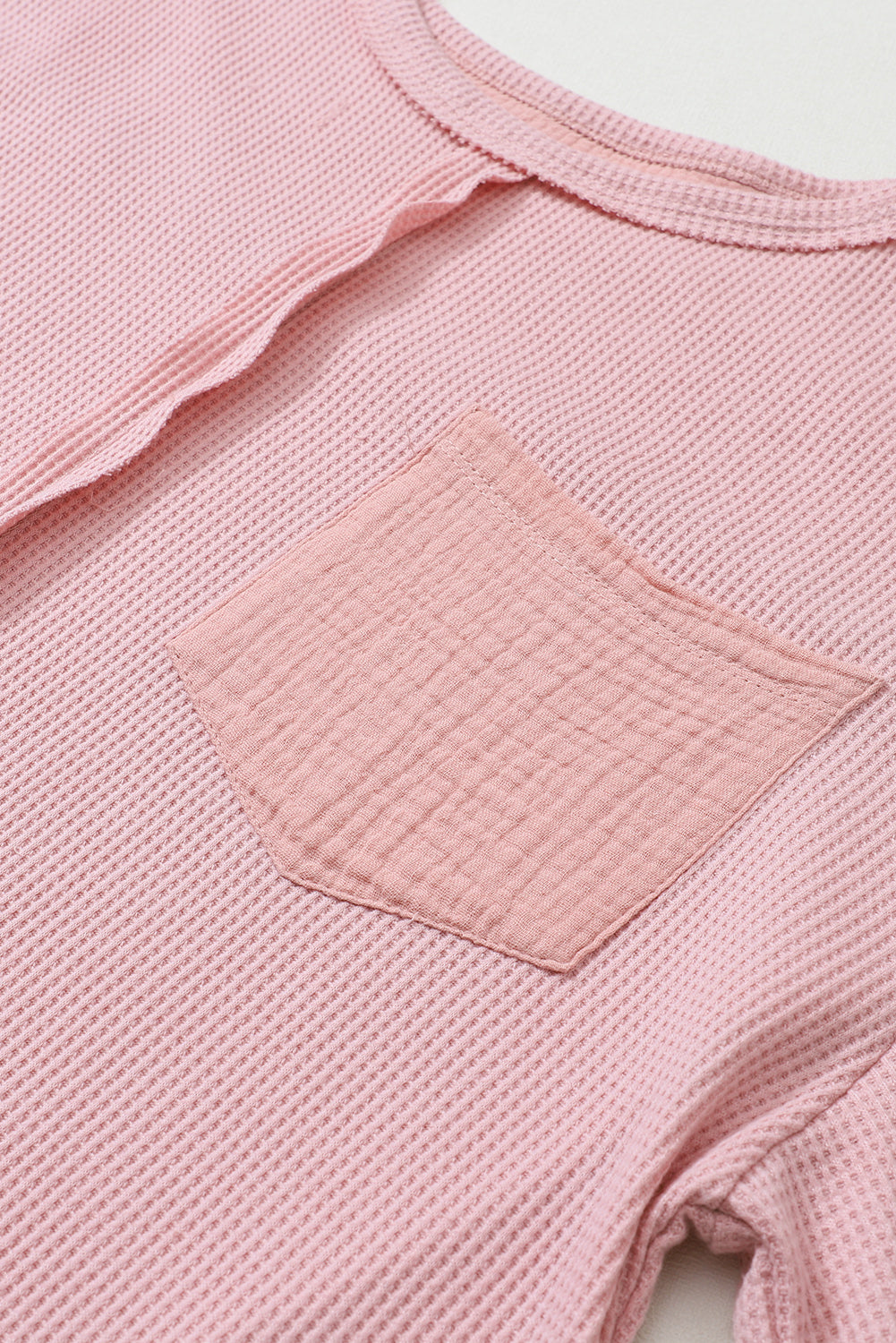 Pink Exposed Seam Patchwork Bubble Sleeve Waffle Knit Top