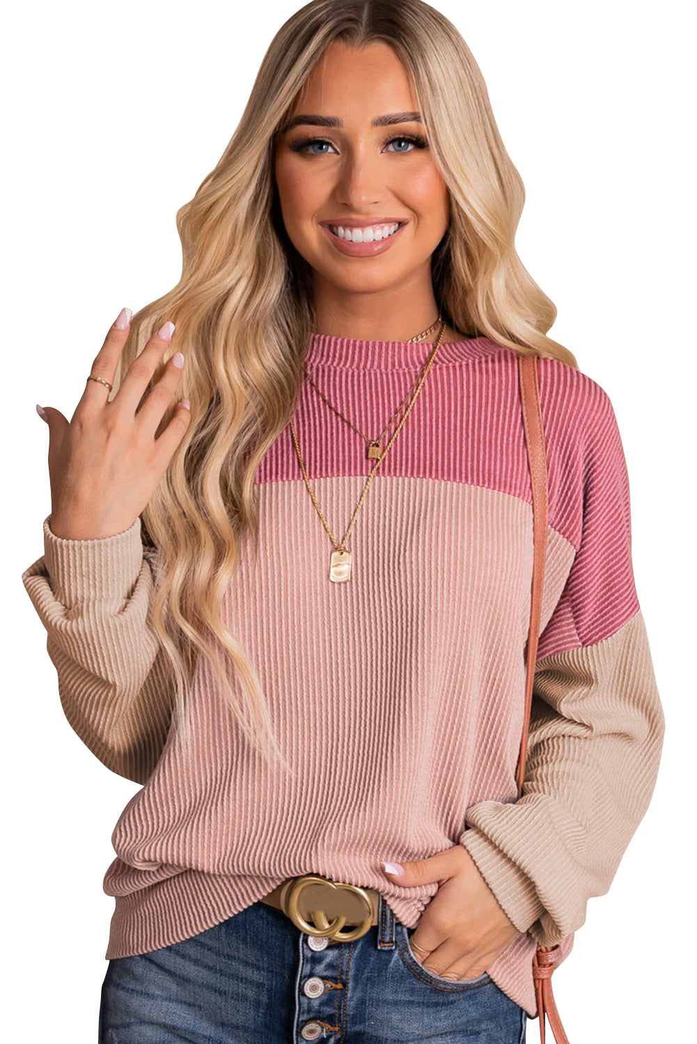 Pink Color Block Long Sleeve Ribbed Loose Top