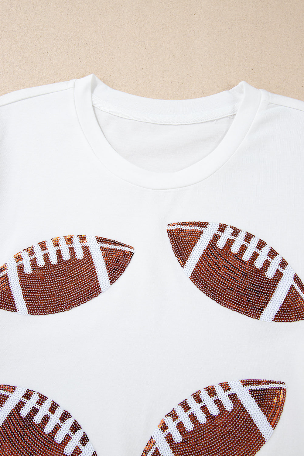 White Sequined Rugby Football Graphic Cotton T Shirt