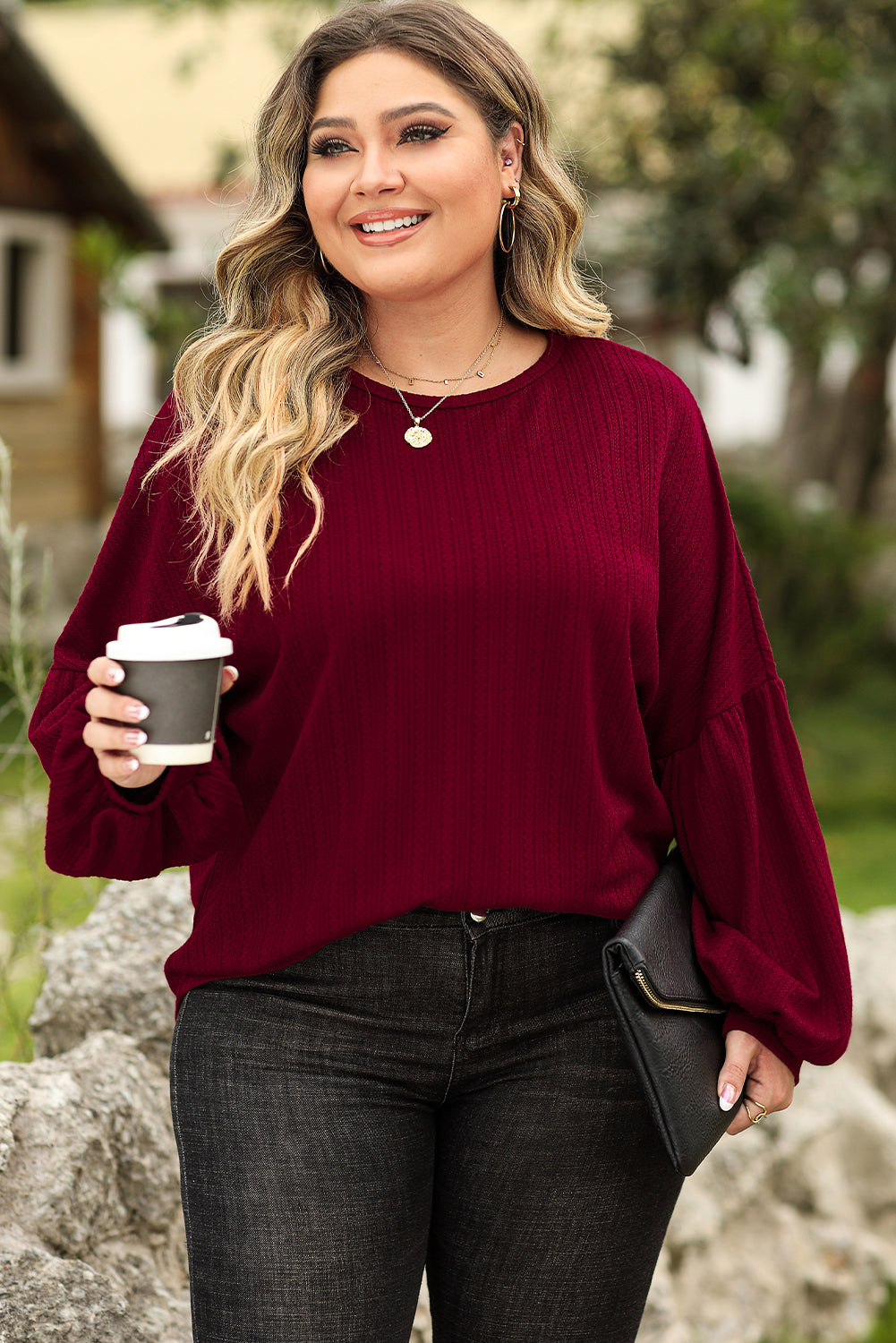 Red Dahlia Plus Size Balloon Sleeve Textured Knit Top