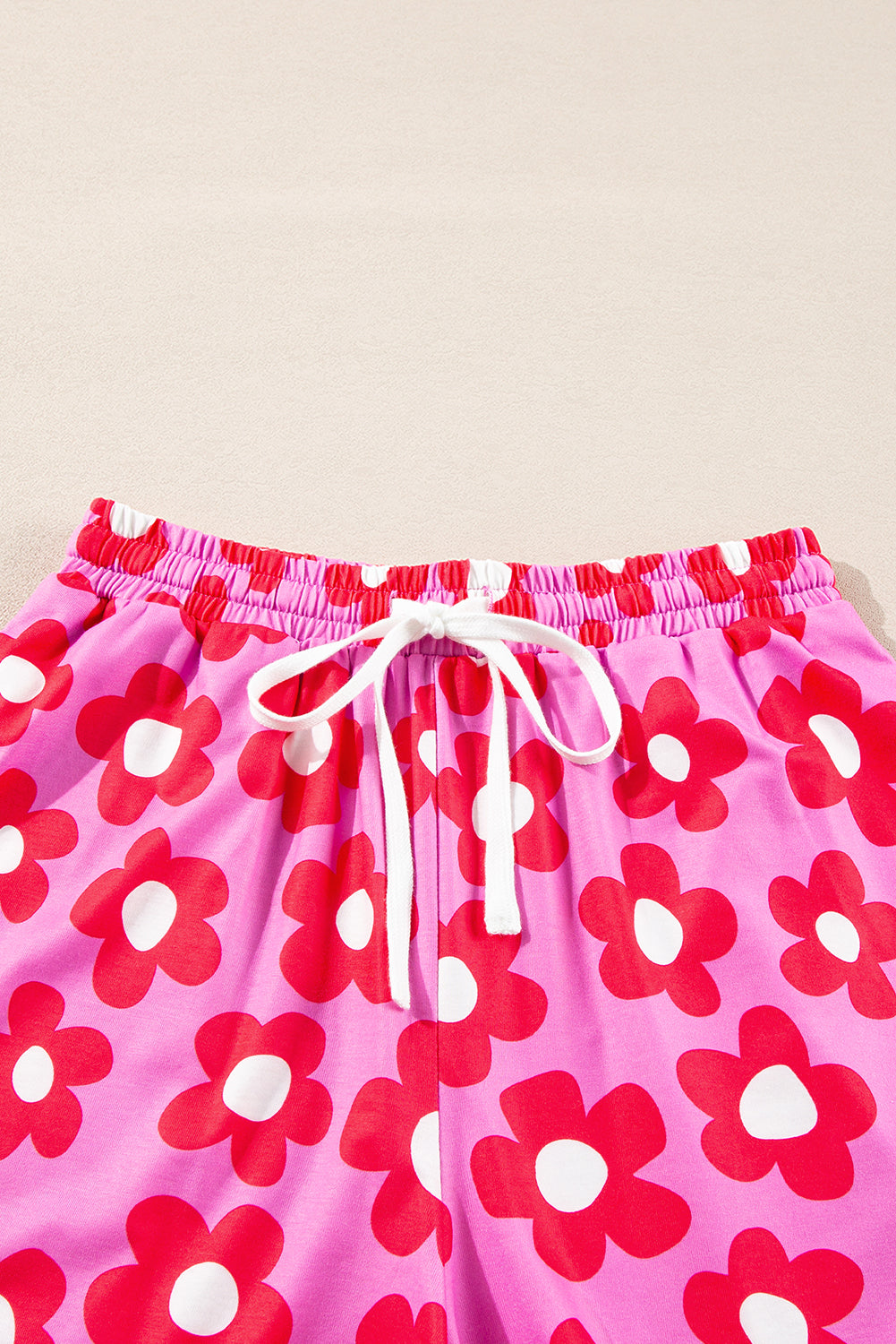 Pink Flower Print Long Sleeve Shirt Shorts Pajamas Set