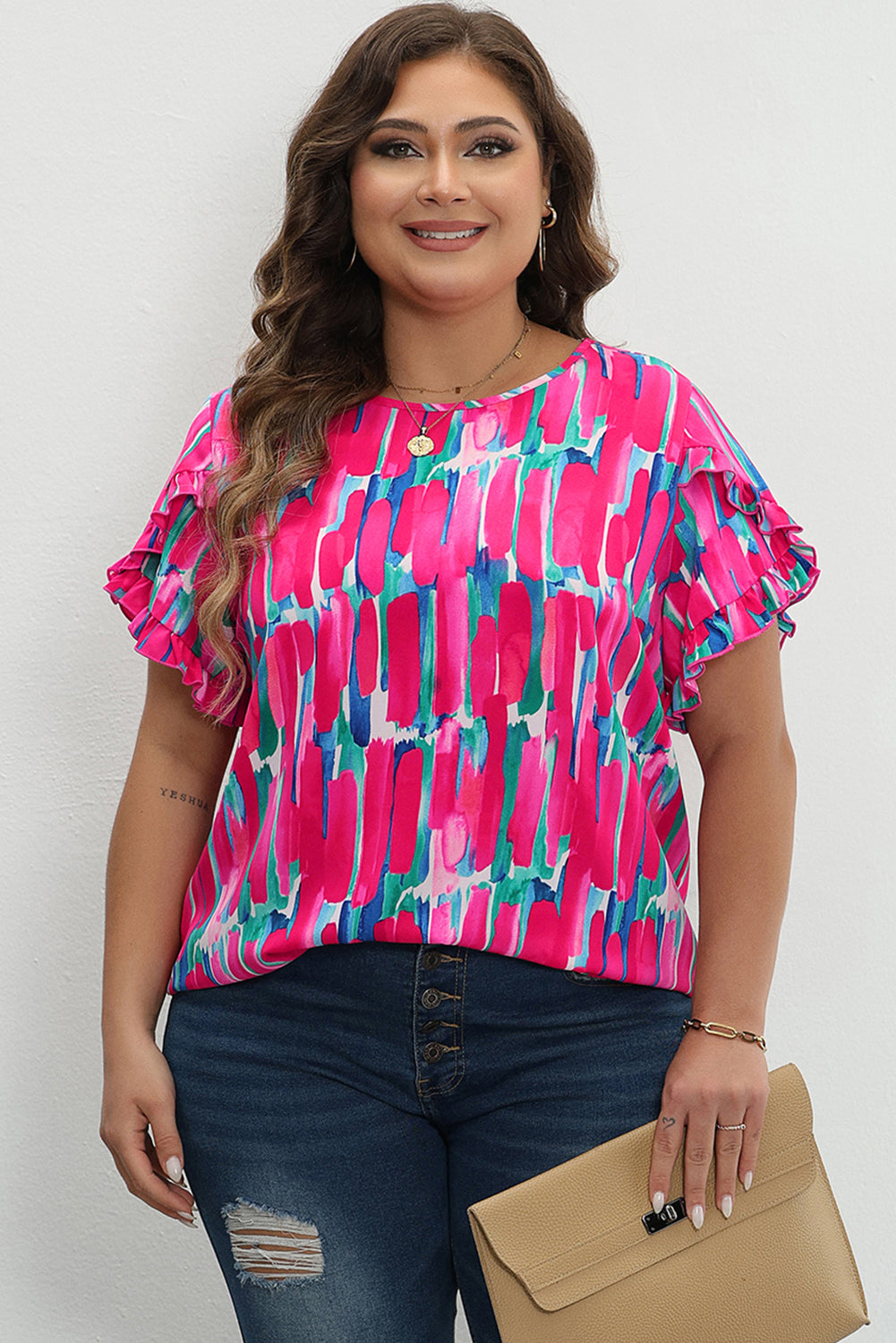 Rose Plus Size Abstract Print Ruffled Petal Sleeve Blouse