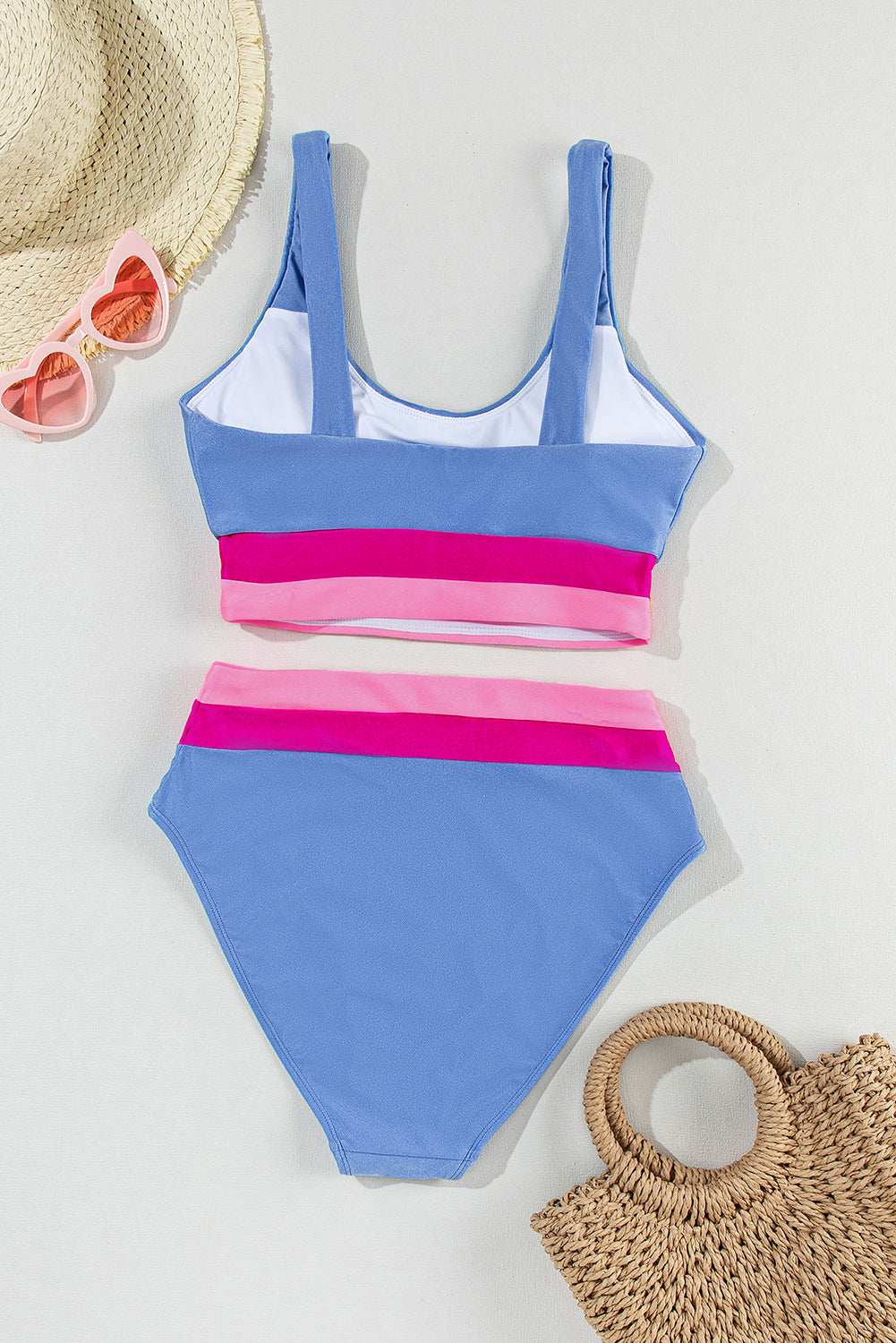 Light Blue Colorblock High Waisted Bikini Swimsuit