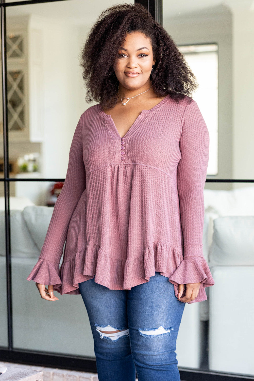 Pink Plus Size Ruffled Waffle Knit Babydoll Top