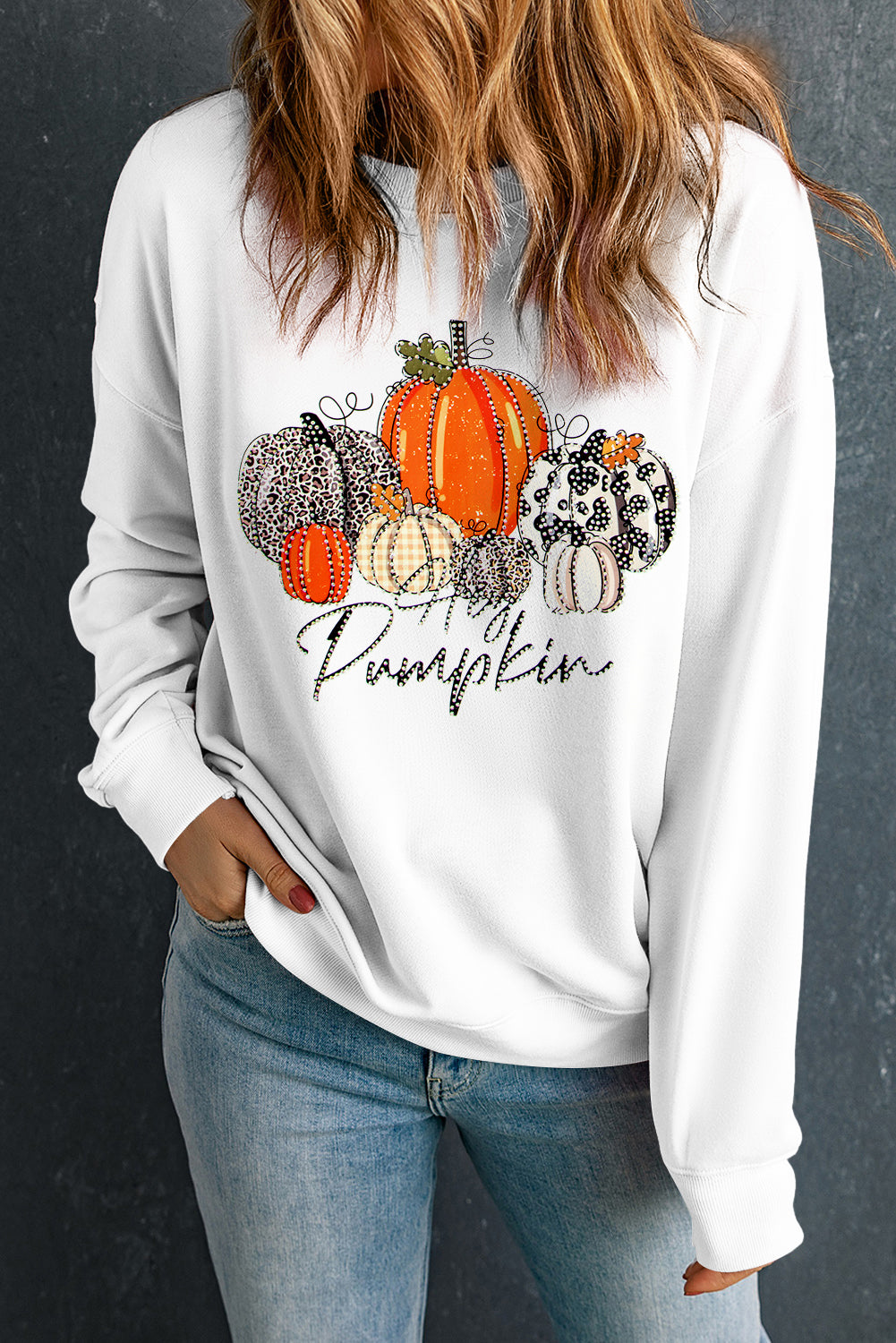 Beige Rhinestone Pumpkin Graphic Crewneck Thanksgiving Sweatshirt