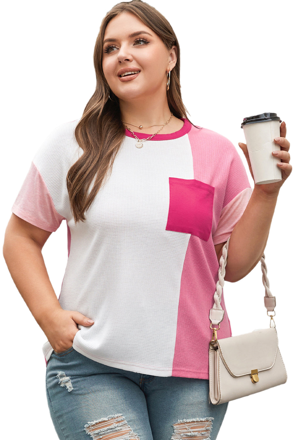 Peach Blossom Colorblock Patchwork Plus Size T-shirt