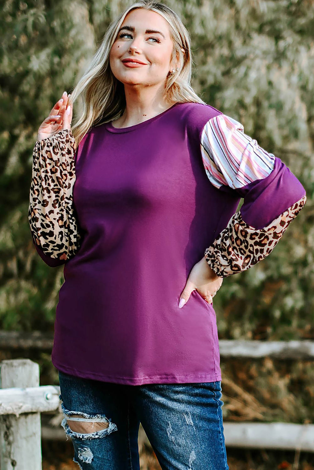 Purple Leopard Striped Color Block Plus Size Top