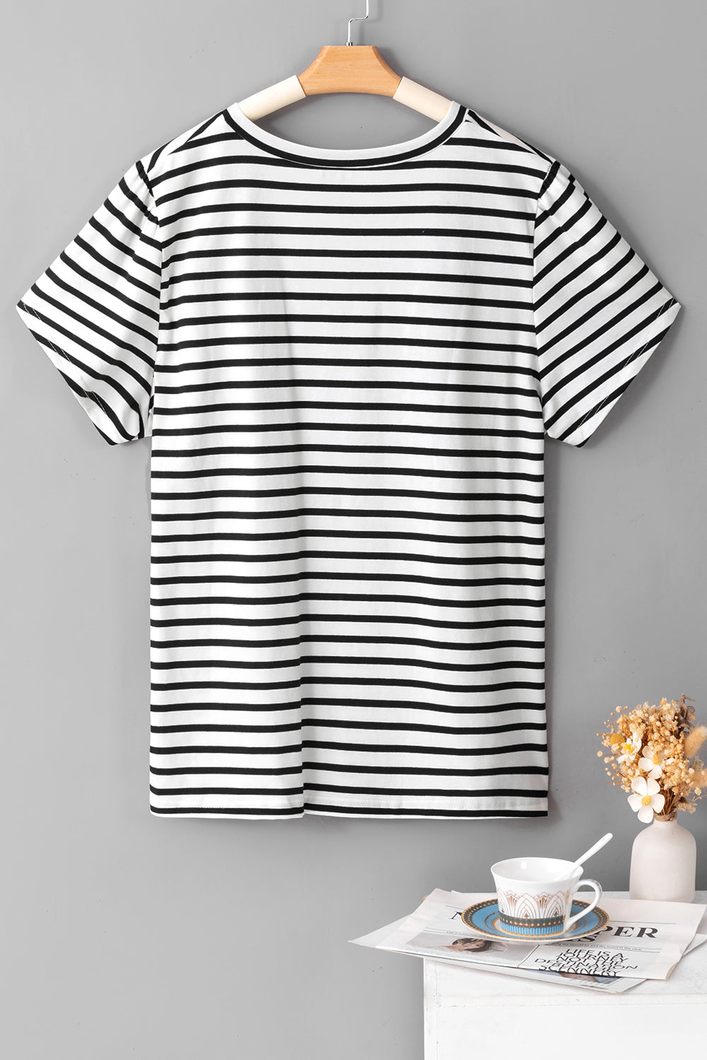 White Stripe V Neck Petal Sleeve Plus Size T-Shirt