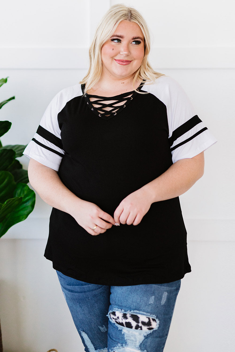 Black Crisscross V Neck Raglan Sleeve Plus Size Tee