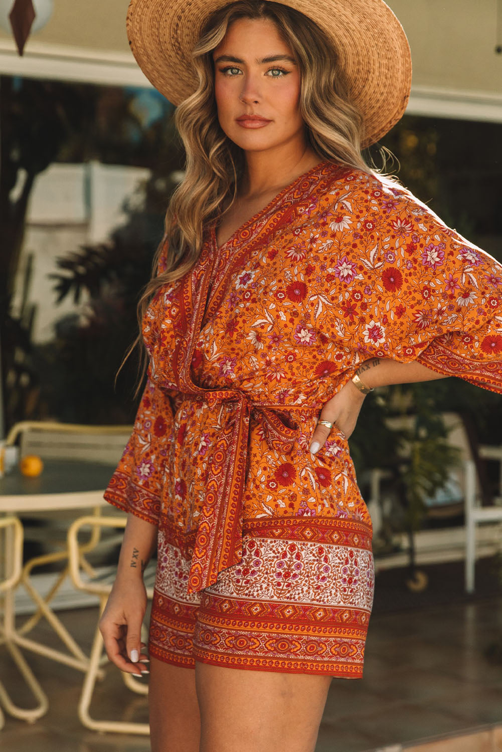 Orange Boho Floral Wrap V Neck Tie Waist Romper