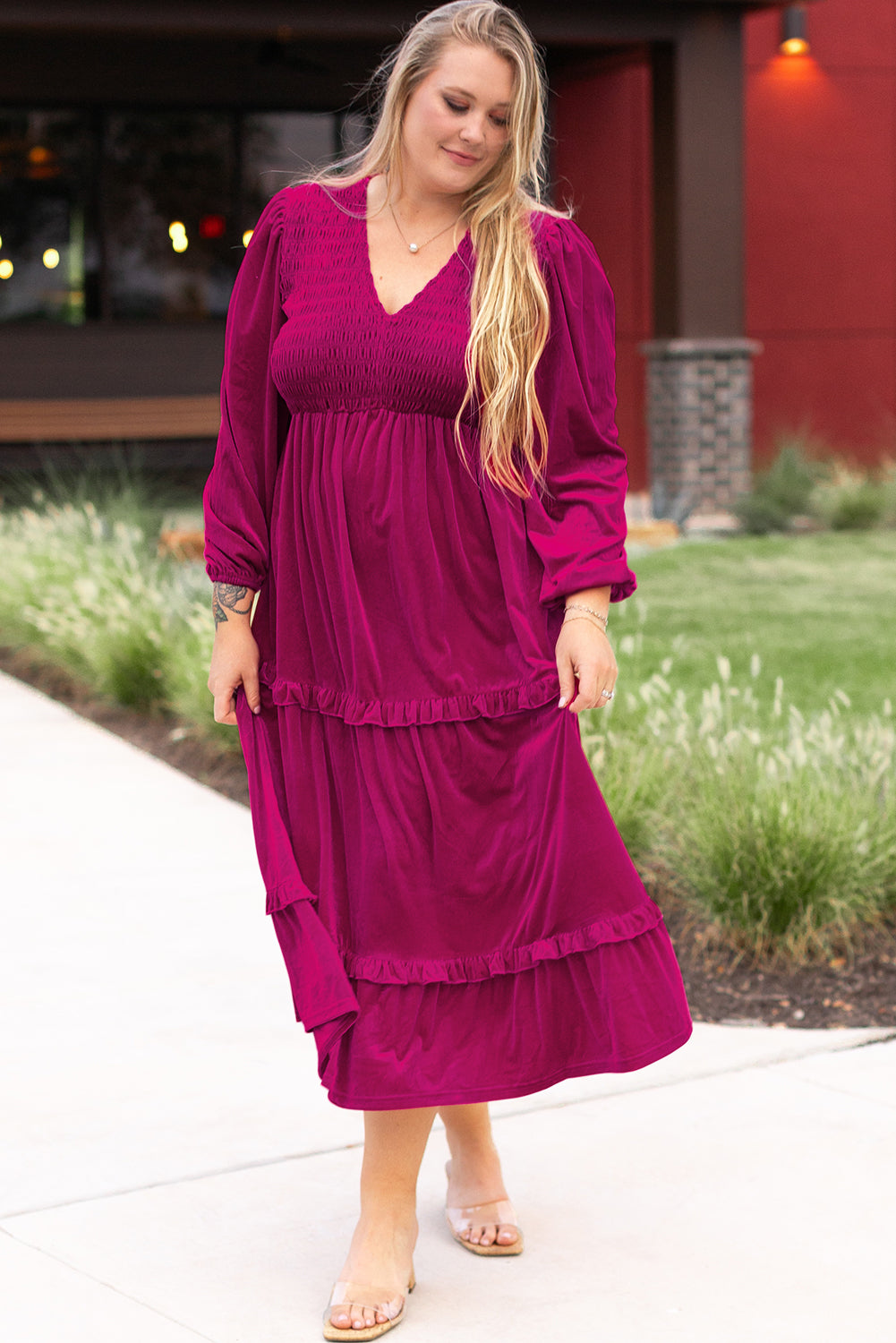 Rose Red Shirred V Neck Tiered Ruffled Velvet Plus Size Maxi Dress