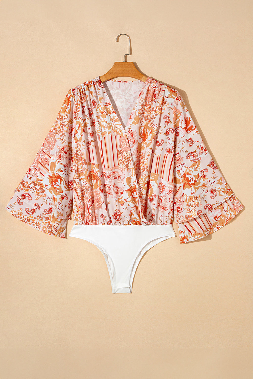 Orange Floral Print Ruffled Bell Sleeve V Neck Bodysuit