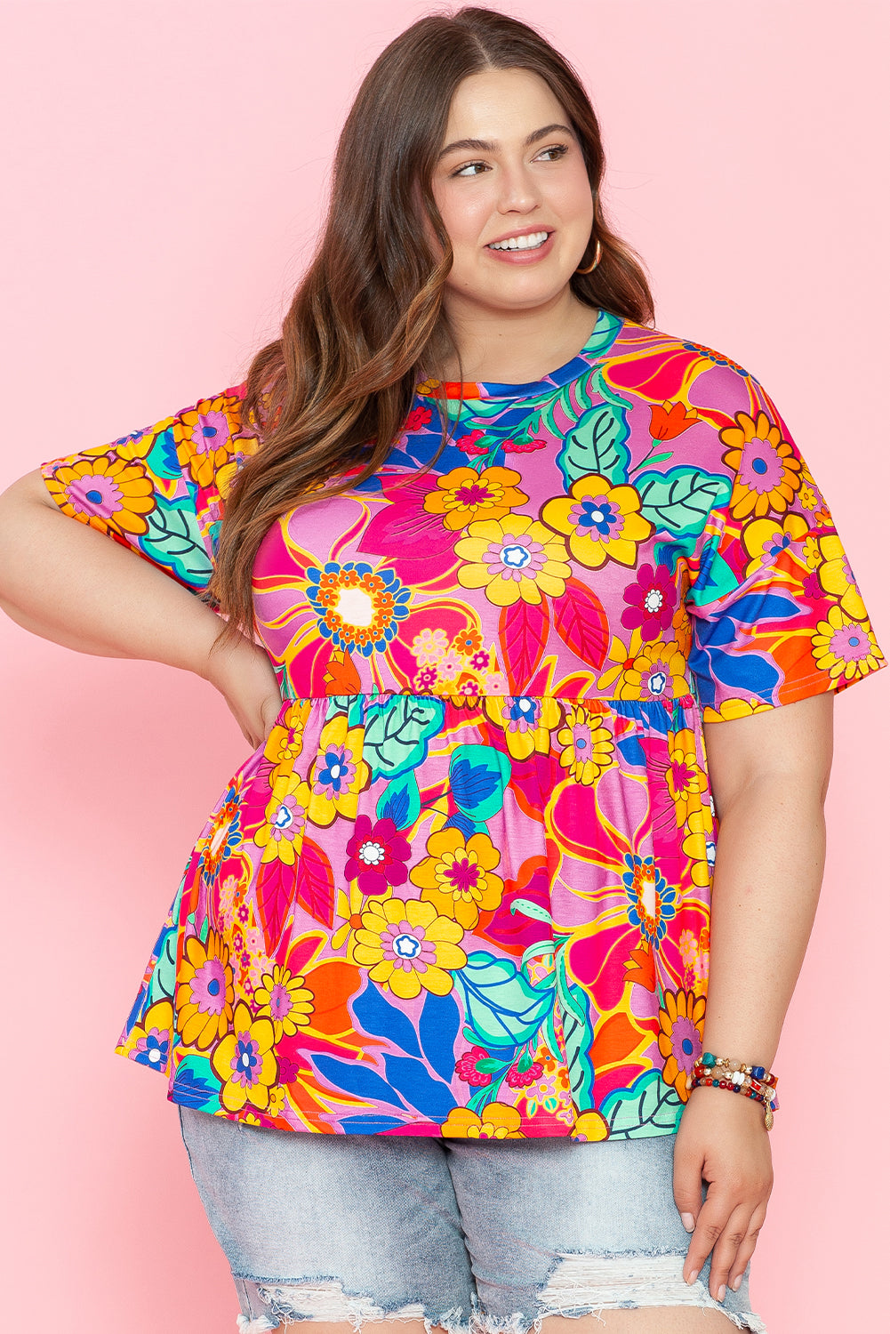 Pink Floral Print Short Sleeve Plus Size Babydoll Blouse