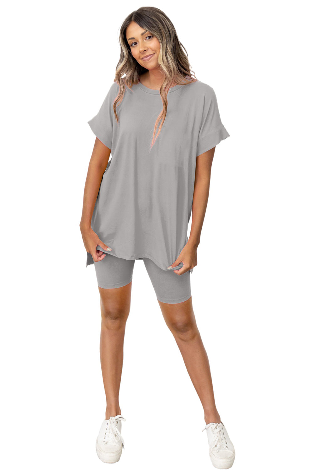 Gray Solid Split Hem Tunic Tee and Tight Shorts Set