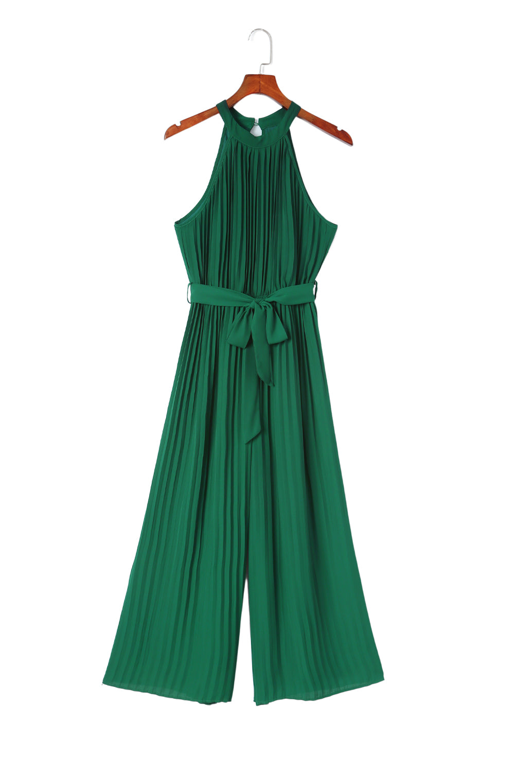 Green Halter Neck Pleated Wide Leg Jumpsuit with Belt