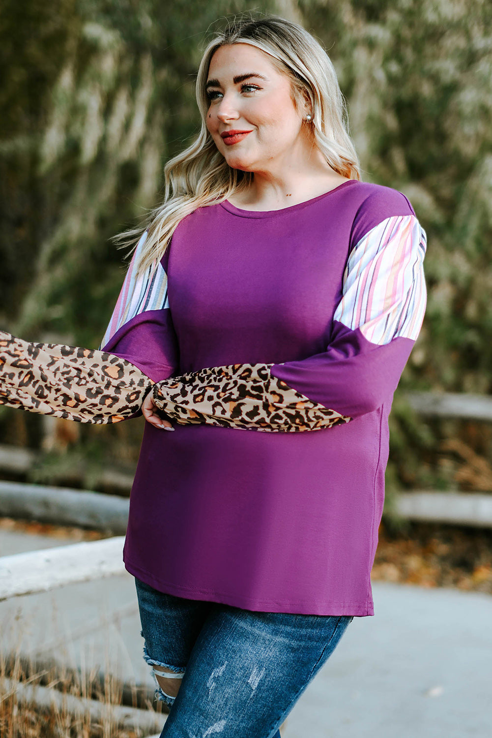 Purple Leopard Striped Color Block Plus Size Top