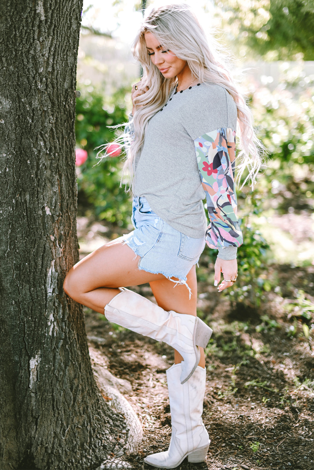 Gray Floral Lantern Sleeve Patchwork Buttoned V Neck Top