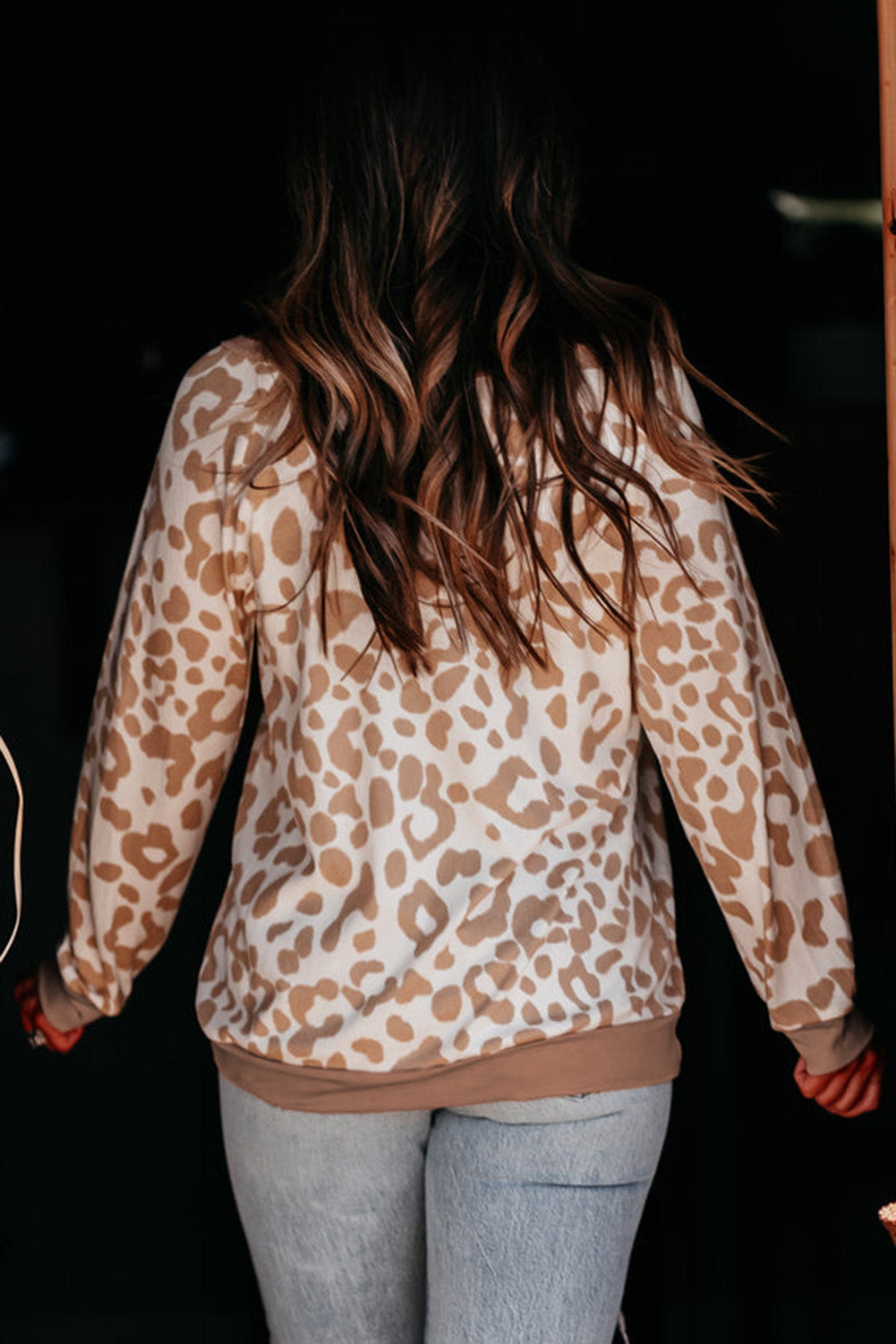 Khaki Printed Plus Size Leopard Print Boat Neck Long Sleeve Top