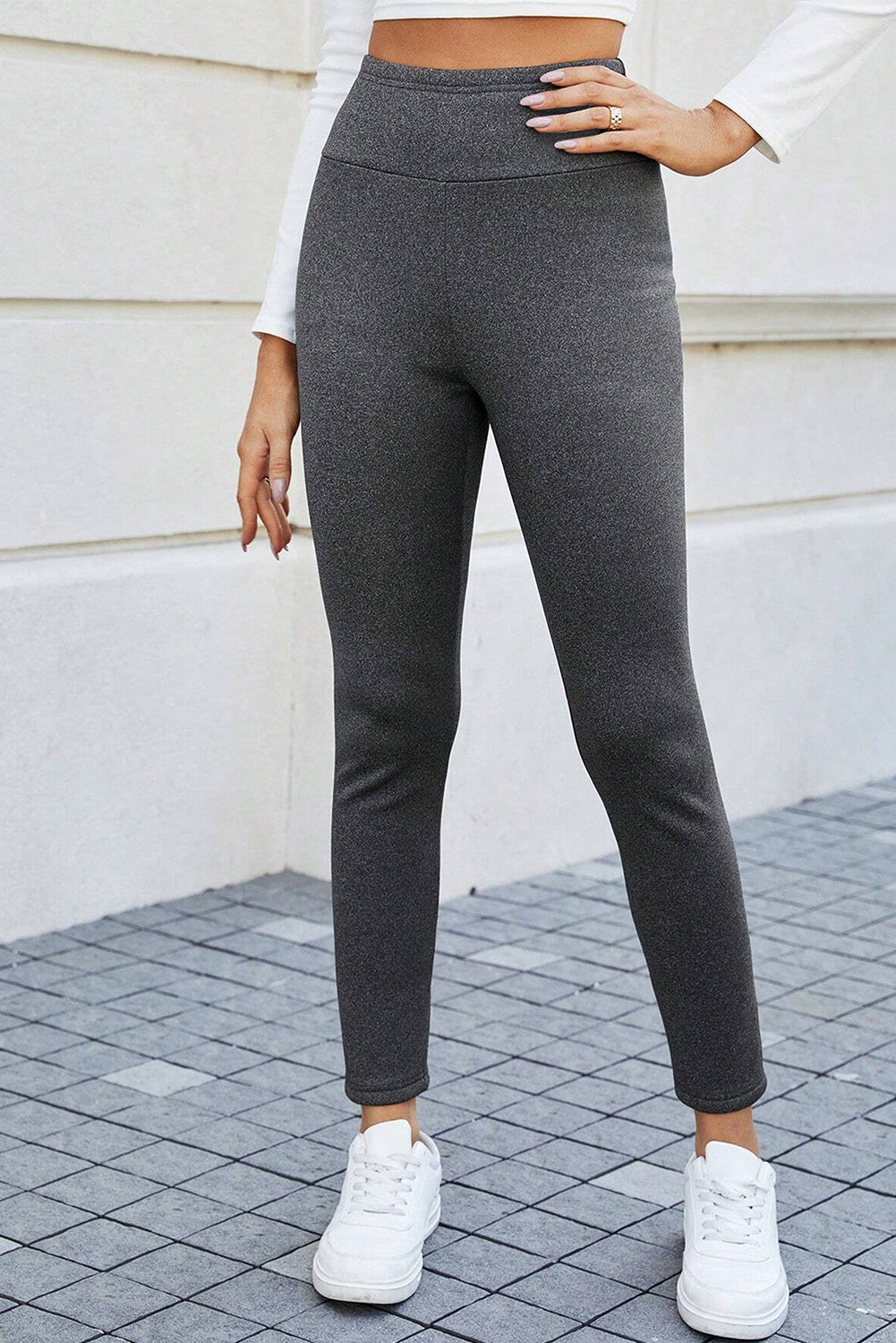 Dark Grey Fleece Lined Thermal Knit Ankle High Waist Leggings