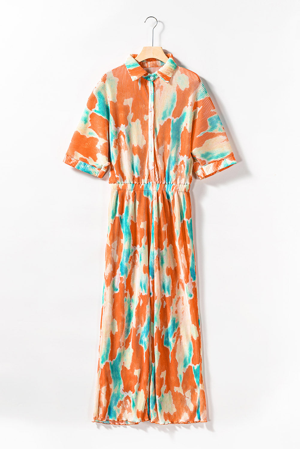 Multicolor Bohemian Tie Dye Pleated Shirt Collar Loose Jumpsuit