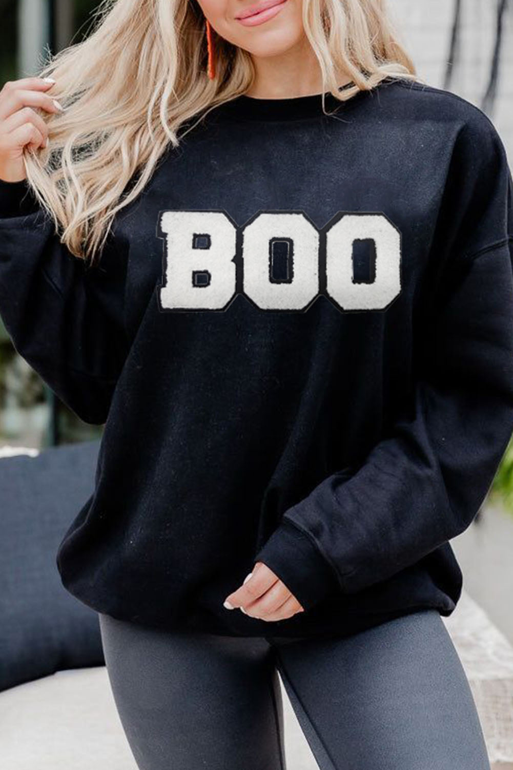 Black Chenille BOO Patched Pattern Crewneck Halloween Sweatshirt