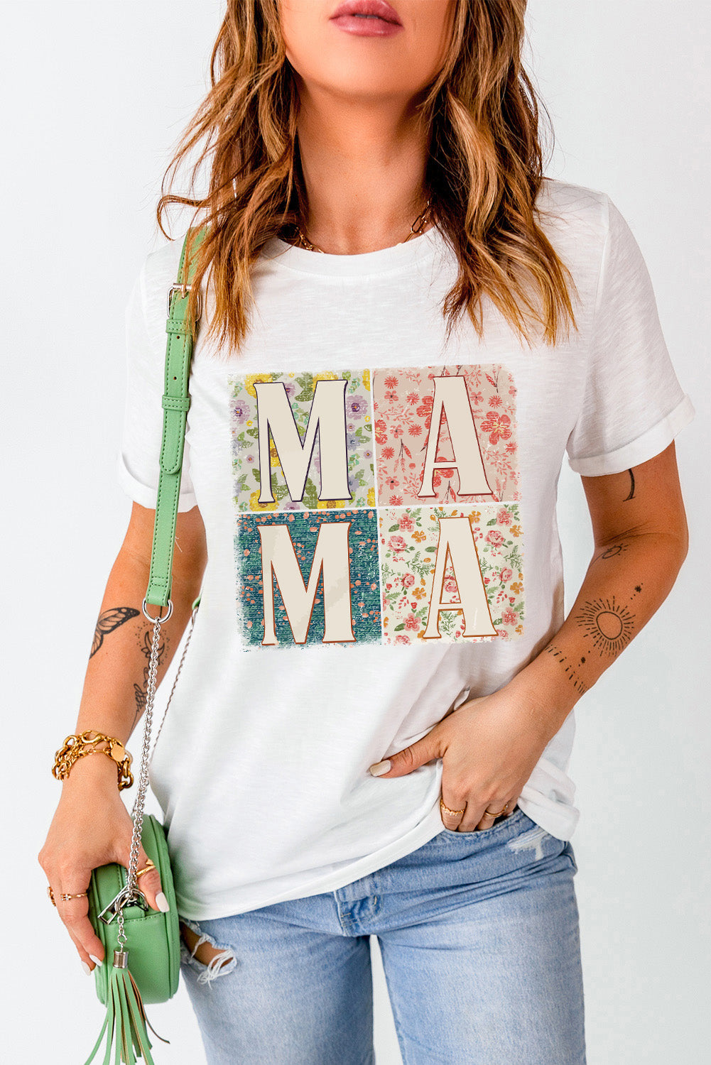 White MAMA Floral Block Graphic Casual T Shirt