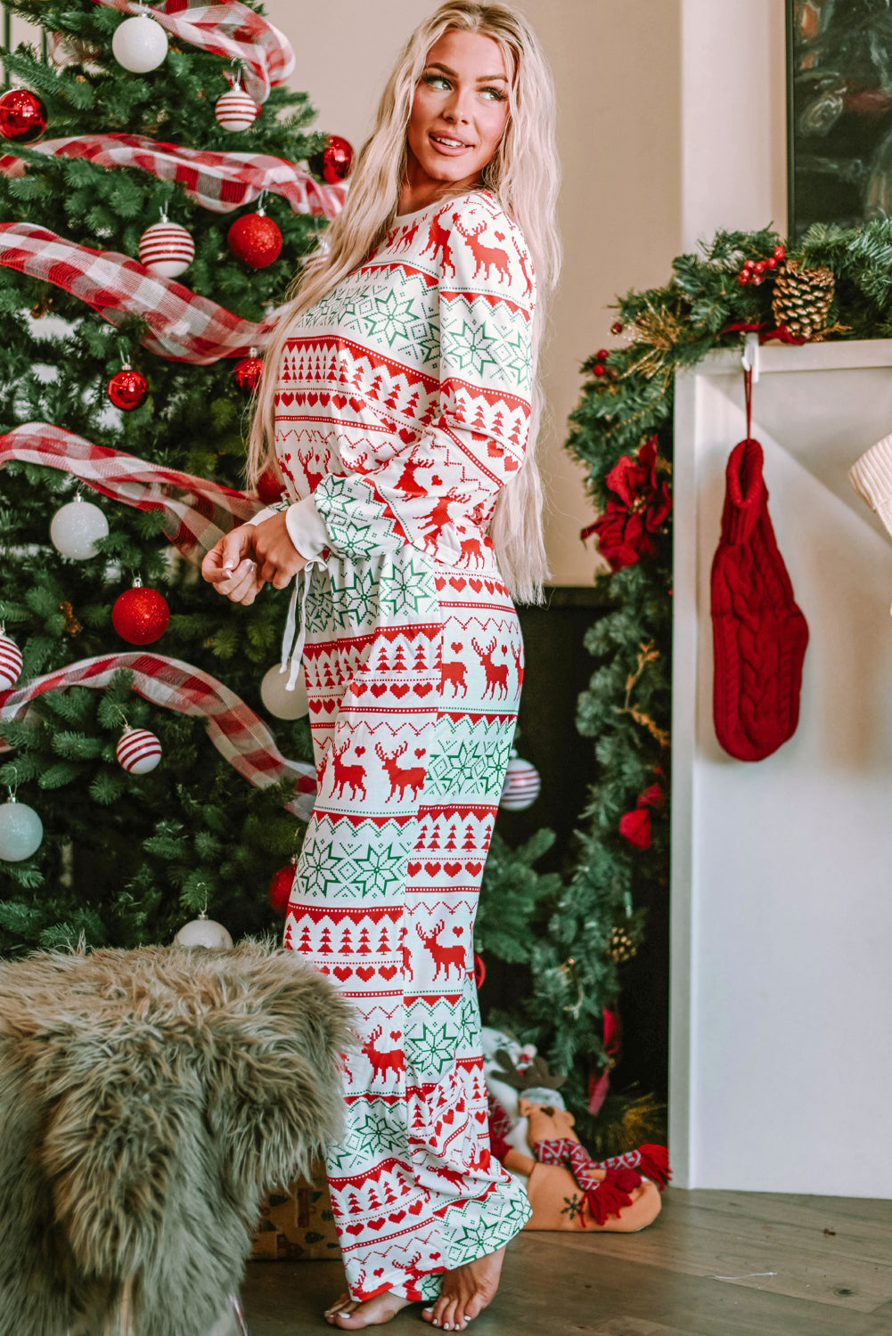 White Christmas Print Pullover and Pants Lounge Set