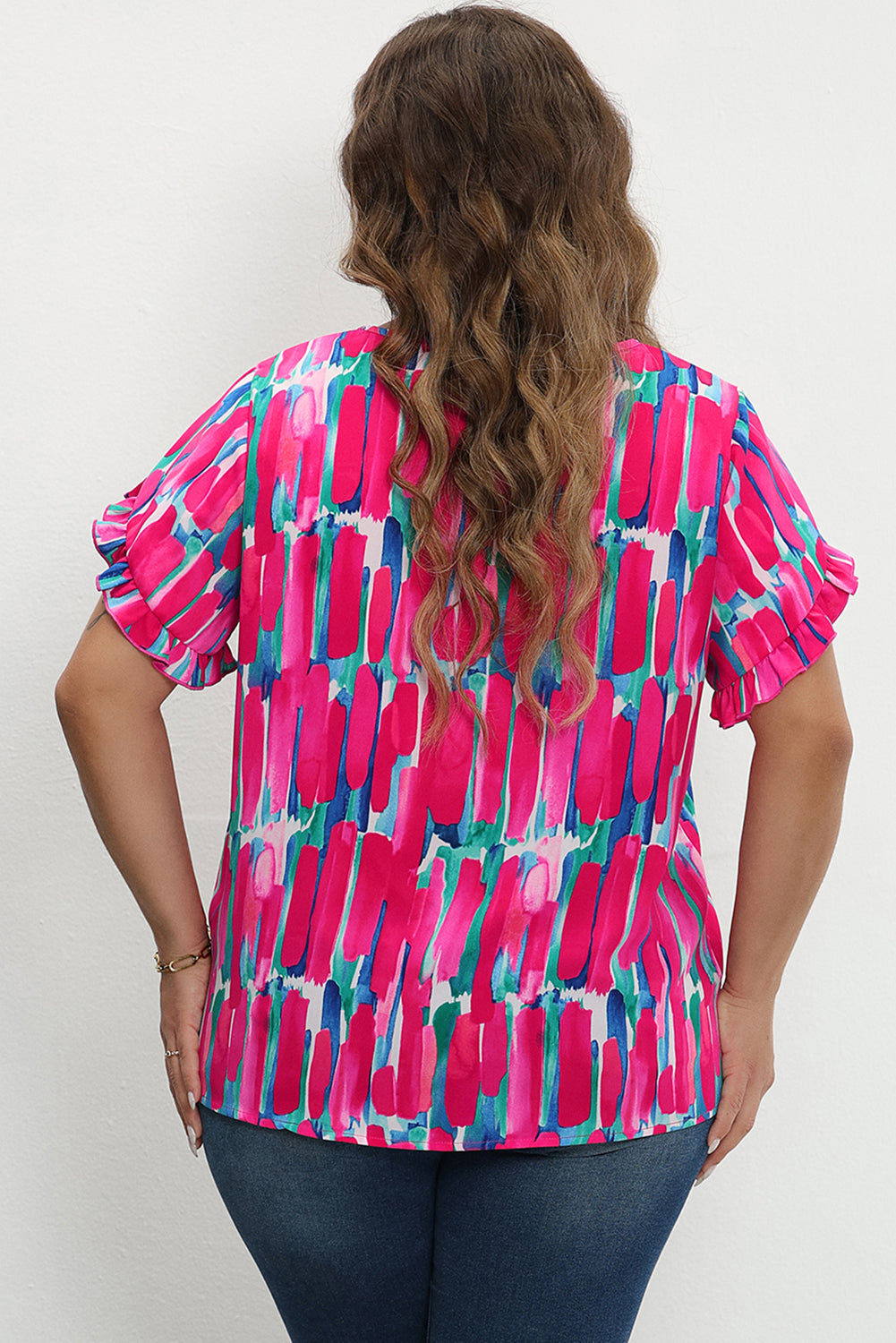 Rose Plus Size Abstract Print Ruffled Petal Sleeve Blouse