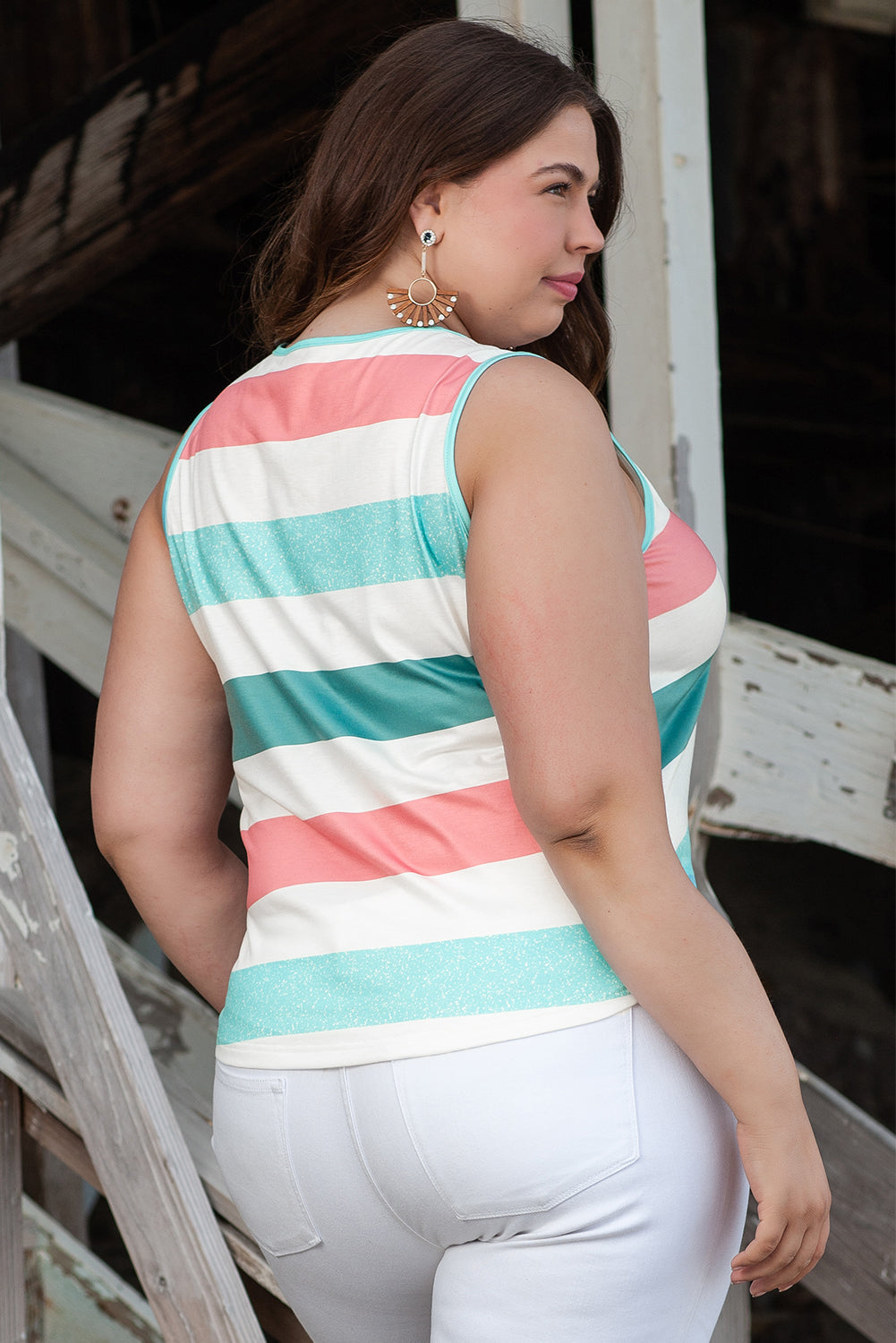 Multicolour Plus Size Striped Crew Neck Tank Top