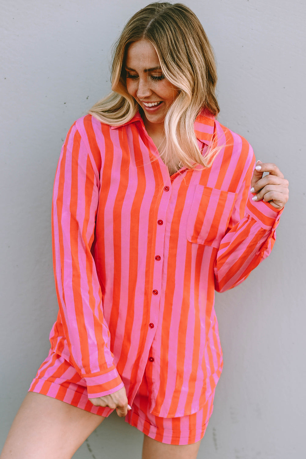 Orange Striped Print Collared Neck Shirt and Shorts Set