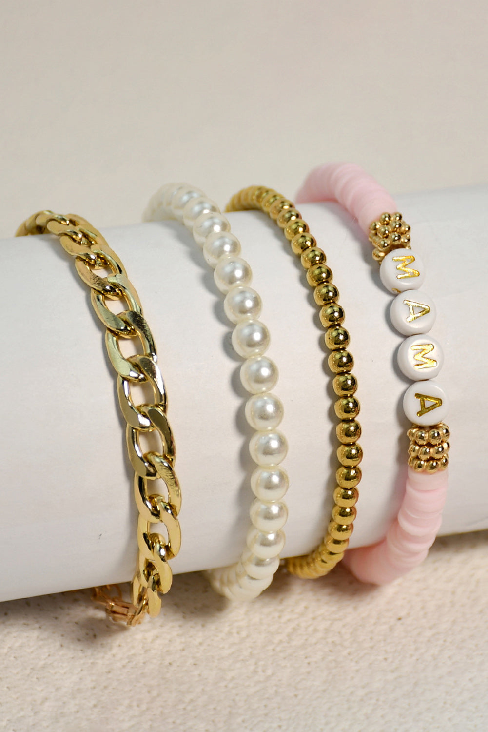 Gold 4PCS MAMA Pearls Beaded Chain Bracelets Set